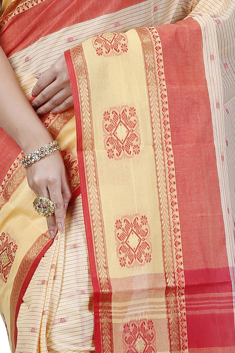 Red Yellow Pure Cotton Uma Tant Saree (1142)